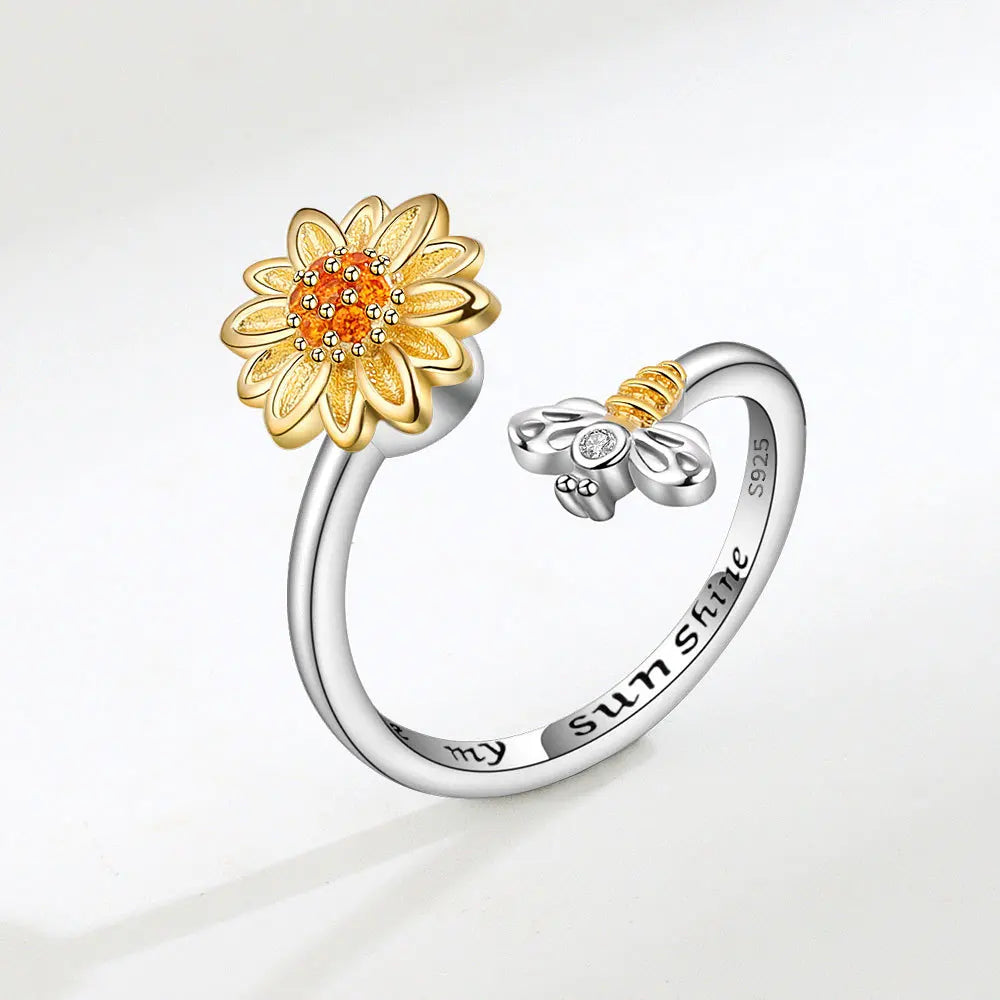 Shining Crystal Sunflower And Bee Fidget Spinner Rings For Women Anti Anxiety Control Anti Stress Rotating Ring Girls Gift