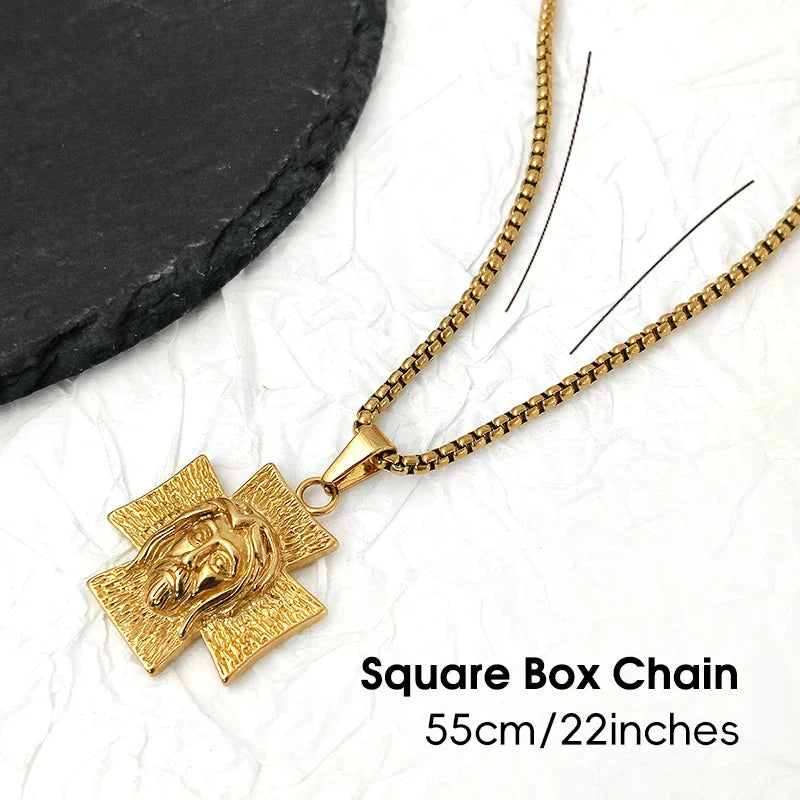 18K Gold Plated Jesus Face Cross Pendant Necklace Religious Charm for Men Women Faith-Inspired Jewelry Christian Gift