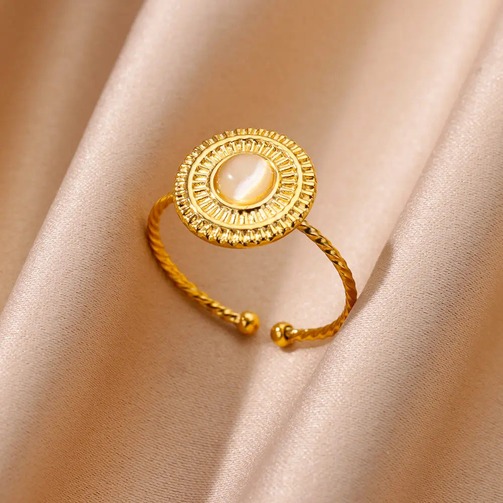 Gold Color Stainless Steel Shell Rings For Women Vintage Oval Blue Stone Adjustable Ring Fashion Party Jewelry Anniversary Gift