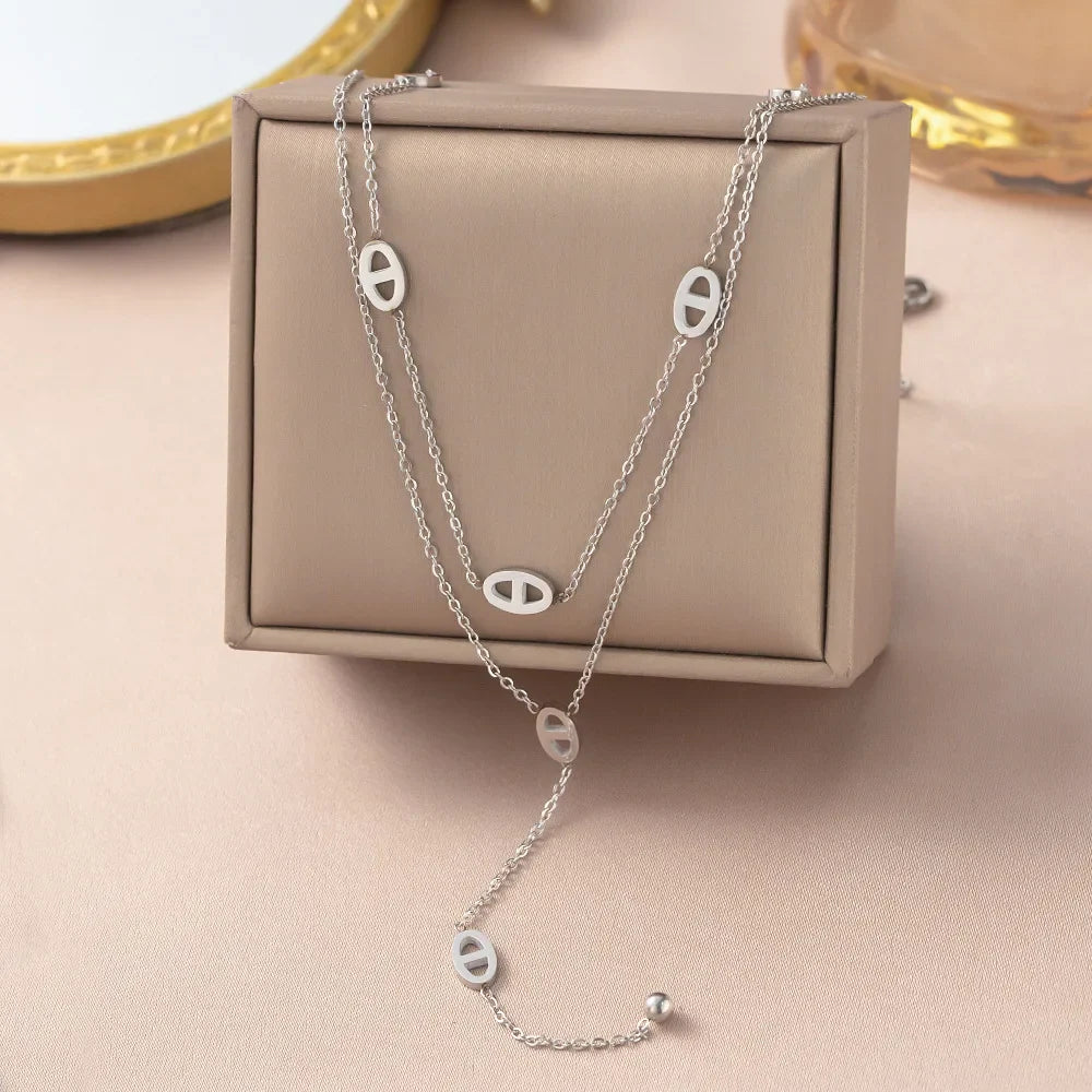 Premium Stainless Steel Long Necklace Trendy Pig Nose Style Y Shape Drop Pendant Waterproof Necklace for Women Girls Jewelry