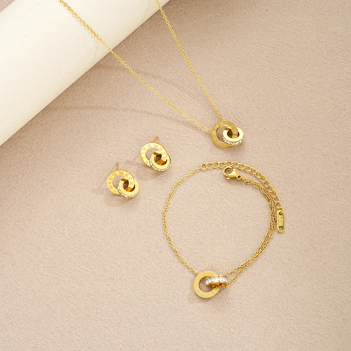 4Pcs/Set Gold Color Stainless Steel Crystal Necklace Bracelet Earrings for Women Interlocking Circles Roman Numbers Jewelry Sets