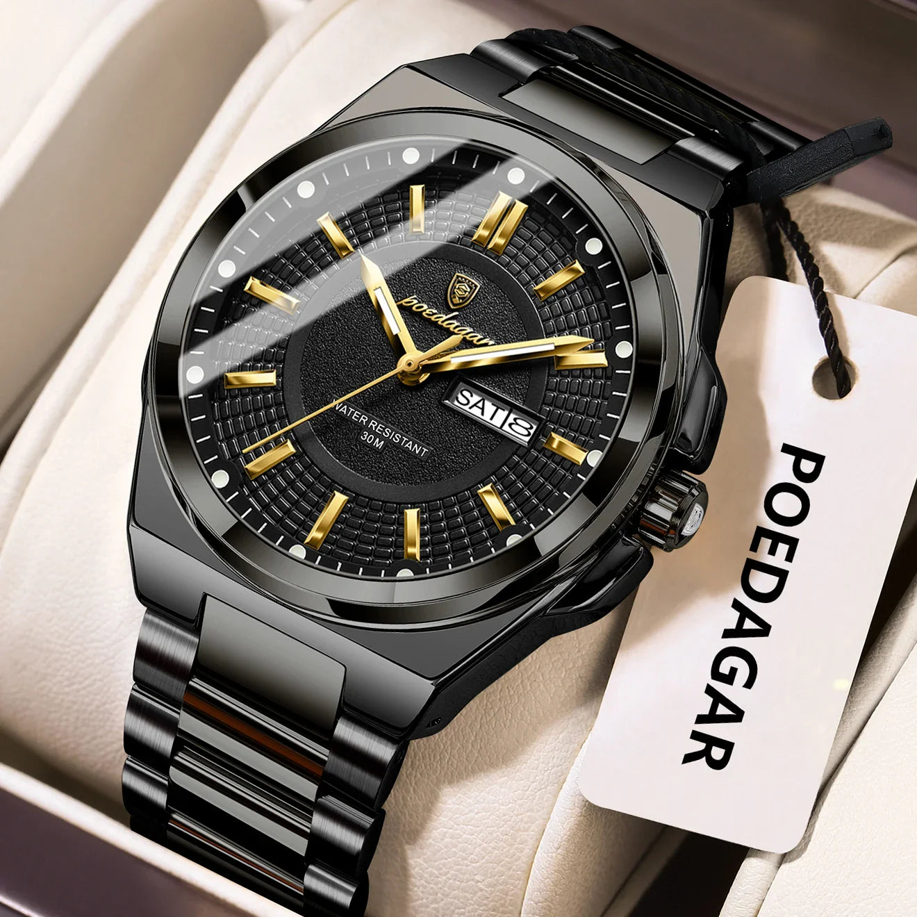 POEDAGAR Top Original Men's Watches Stainless Steel Waterproof Luminous Man Watch Date Week Classic Trendy Quartz Men Wristwatch