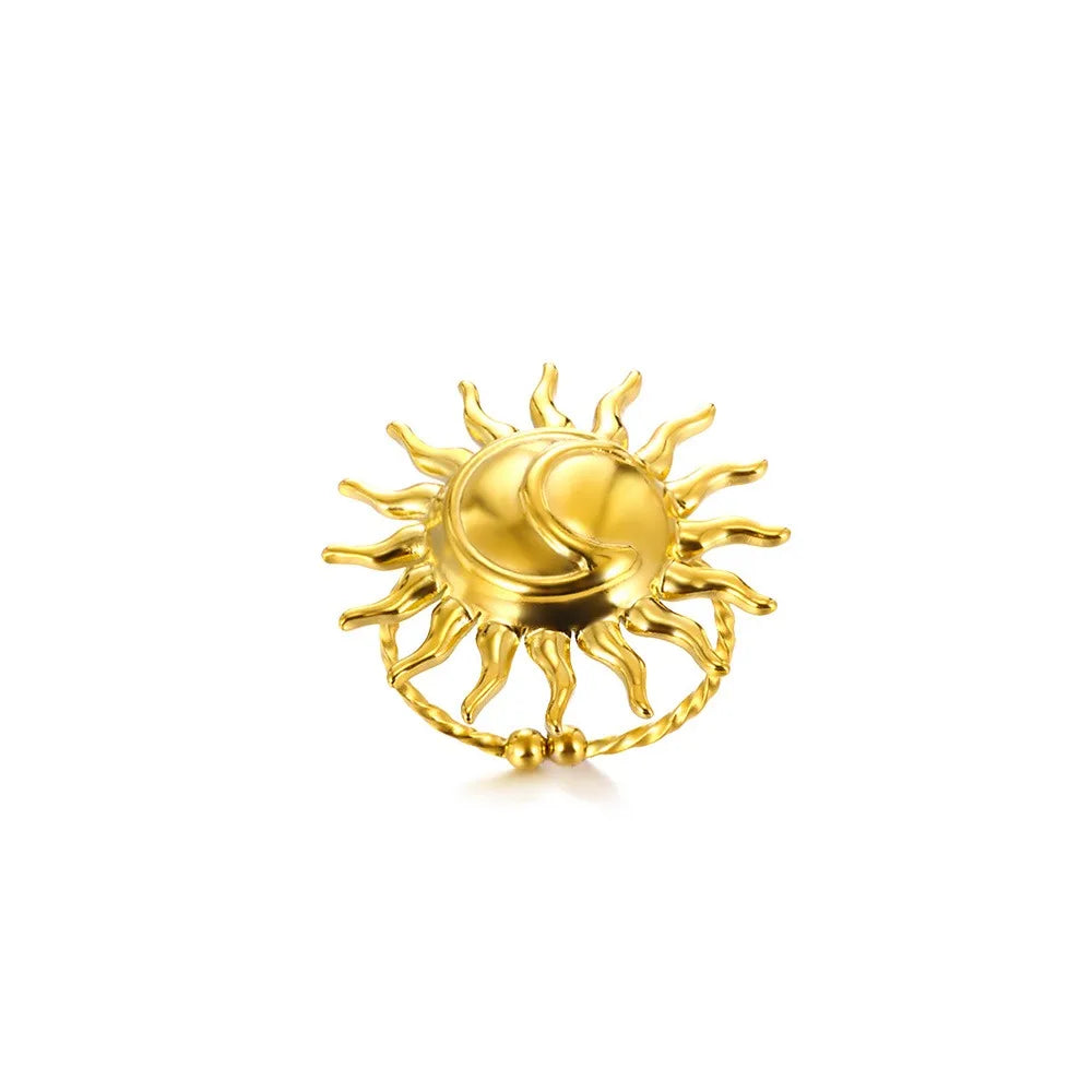 Exaggerated Sun Rings For Women Gold Color Stainless Steel Sun Adjustable Ring Fashion Anniversary Party Lucky Jewelry Gift