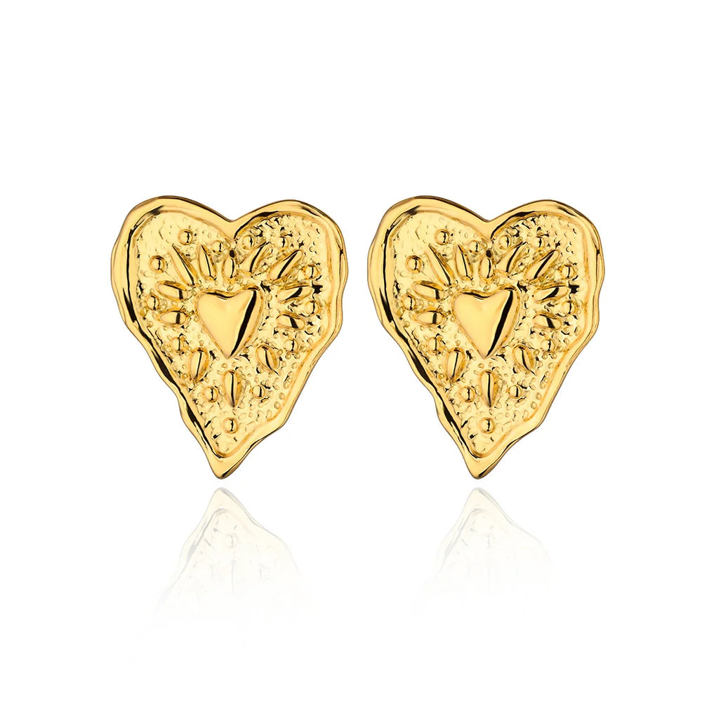 Stainless Steel Irregular Heart Texture Stud Earring for Women Gold Color Heart Wedding Aesthetic Earring Jewelry Accessories