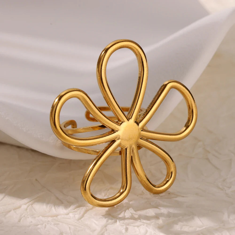 Stainless Steel Flower Big Open Rings For Women Gold Color Imitation Pearl Hollow Out Ring Trendy Aesthetic Jewerly Gifts