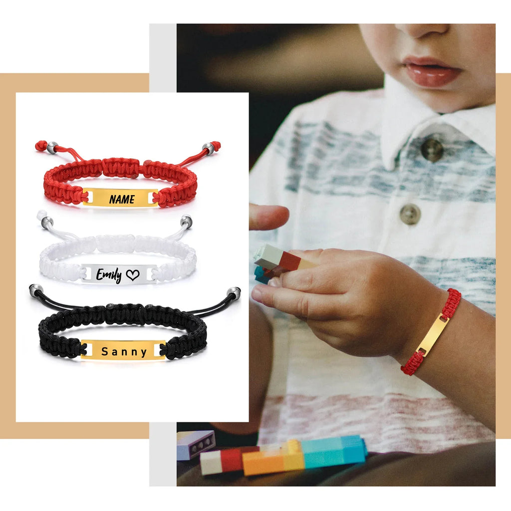 Personalized Name Bracelet for Girl Boy Child, Adjustable Braided Rope Custom ID Tag Bracelet, Engrave Birthday Christmas Gift