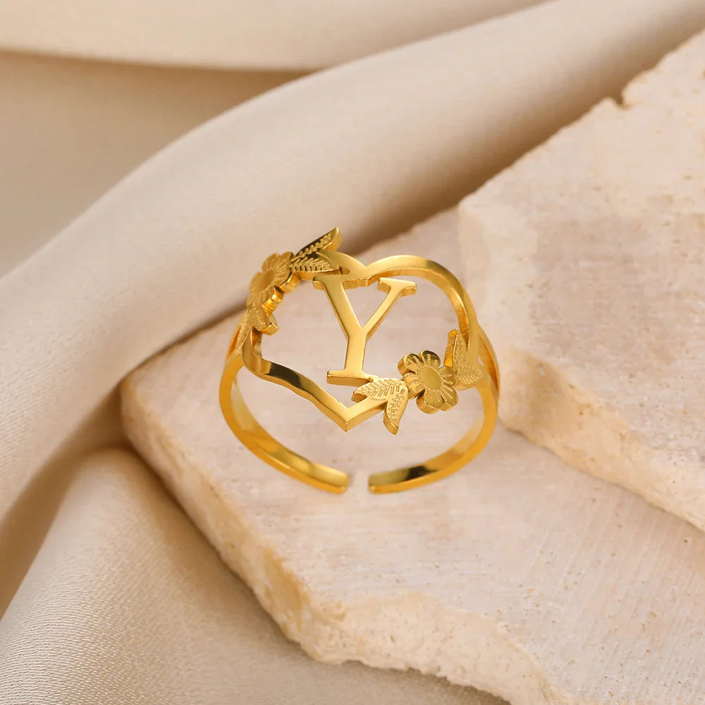 Stainless Steel Initials Letter Heart Rings for Women Girls Gold Color Flower Alphabet Ring Fashion Valentine's Day Jewelry Gift
