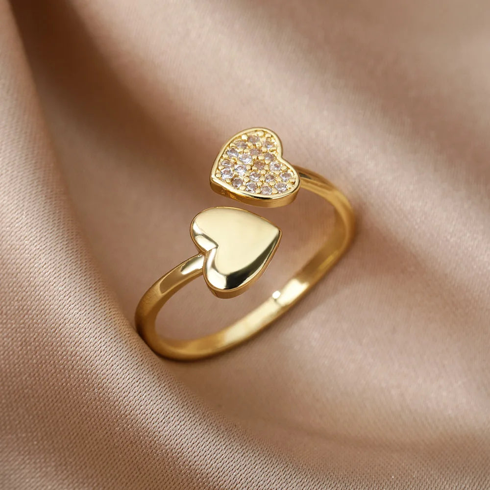 Zircon Heart Rings For Women Stainless Steel Gold Color Adjustable Open Finger Ring Wedding Aesthetic Jewelry Gift 2024