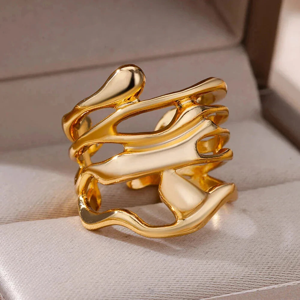 Gold Color Stainless Steel Multi Layer Rings for Women Hollow out Open Finger Ring Fashion Wedding Party Jewelry Gift 2024 New