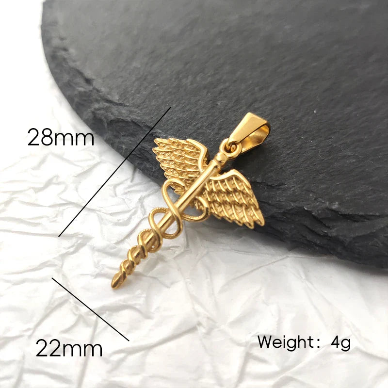 18K Gold Plated Stainless Steel Angel Wing Serpent Necklace - Greek Caduceus Pendant, Doctor/Nurse Charm Jewelry