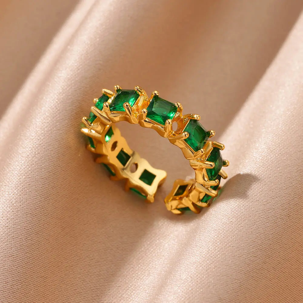 Green Cubic Zircon Heart Rings For Women Vintage Gold Color Stainless Steel Open Ring Fashion Aesthetic Jewelry Wedding Gift