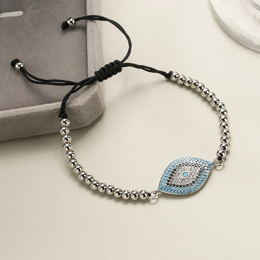 NEWBUY 2023 Fashion Hand Made Black Rope Beads Chain Bracelet Adjustable AAA CZ Zircon Evil Eye Charm Bracelets For Women Girl