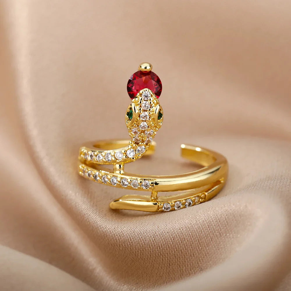 Zircon Snake Rings For Women Men Stainless Steel Gold Color Open Adjustable Ring Vintage Gothic Aesthetic Jewelry anillos mujer