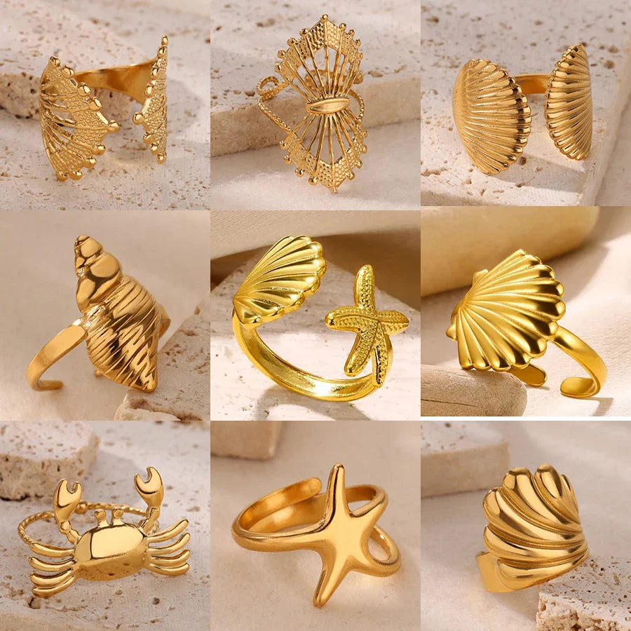 Starfish Shell Conch Stainless Steel Open Rings For Women Gold Color Adjustable Finger Ring Fashion Sea Vacation Jewelry Gifts