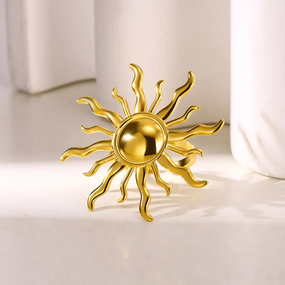 Exaggerated Sun Rings For Women Gold Color Stainless Steel Sun Adjustable Ring Fashion Anniversary Party Lucky Jewelry Gift