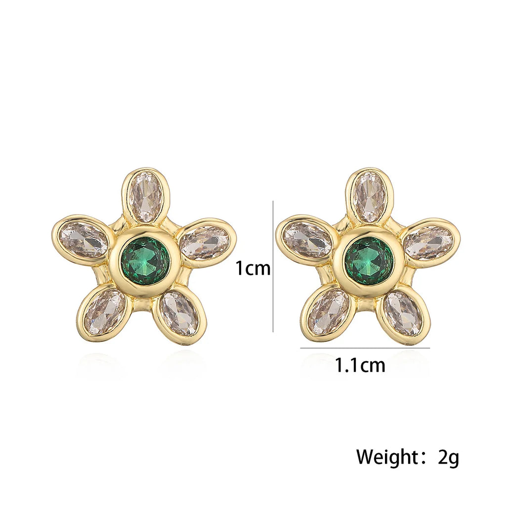 NEWBUY Delicate Gold Color Cute Flower Stud Earrings For Women Pink Green White CZ Crystal Jewelry Femme Bijoux