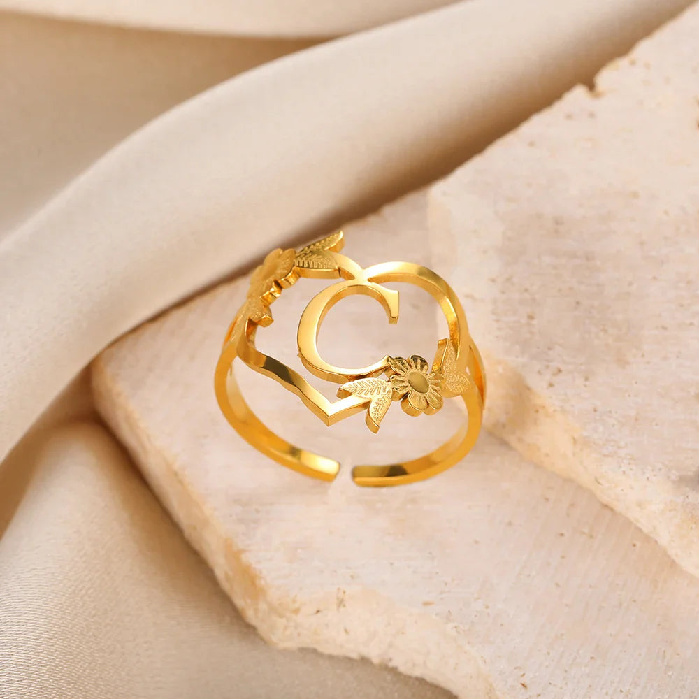 Stainless Steel Initials Letter Heart Rings for Women Girls Gold Color Flower Alphabet Ring Fashion Valentine's Day Jewelry Gift