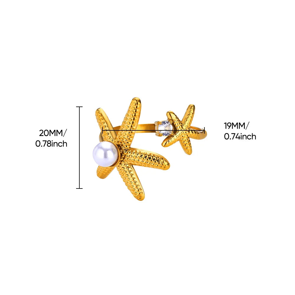2025 Freshwater Anillos Stainless Steel Pearl Starfish Shell Rings For Women Punk Gold Color Vintage Waterproof Beach Jewelry