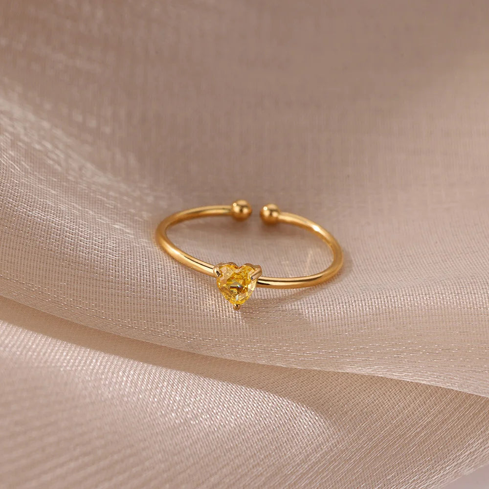 Stainless Steel Birthstone Open Rings for Women Fashion 12-color Crystal Zircon Heart Ring Birthday Aesthetic Jewelry Gift
