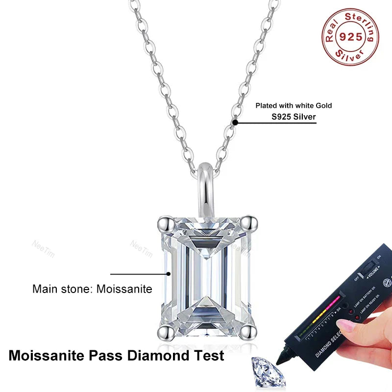 NeeTim 1ct 2ct  3ct 4ct Emerald Cut Moissanite Pendant Necklace for Women S925 Silver with White Gold Plated Necklaces Chain