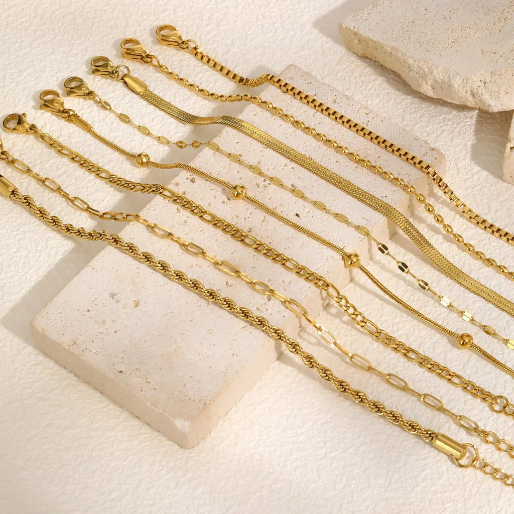 Non Tarnish Stainless Steel Bracelet Gold Plated Stackable for Women, Thin Herringbone Chain Bracelet Waterproof Jewelry Gift