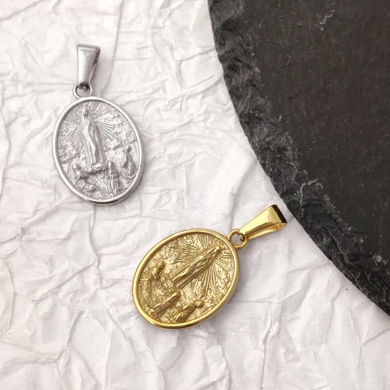 Hip Hop Jesus & Virgin Mary Pendant Necklace - 18K PVD Gold Plated Stainless Steel Jewelry for Men Gift
