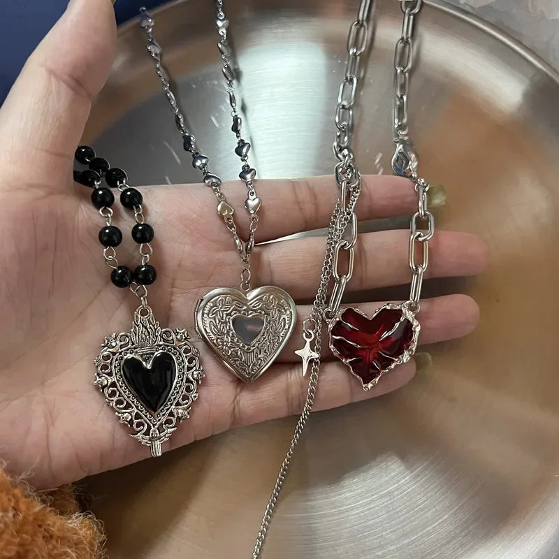 Forever Love Heart Shape Pendant Women Necklace Metal Heart Epoxy Resin Beads Charm Beaded Link Chain Girls Necklace Jewelry