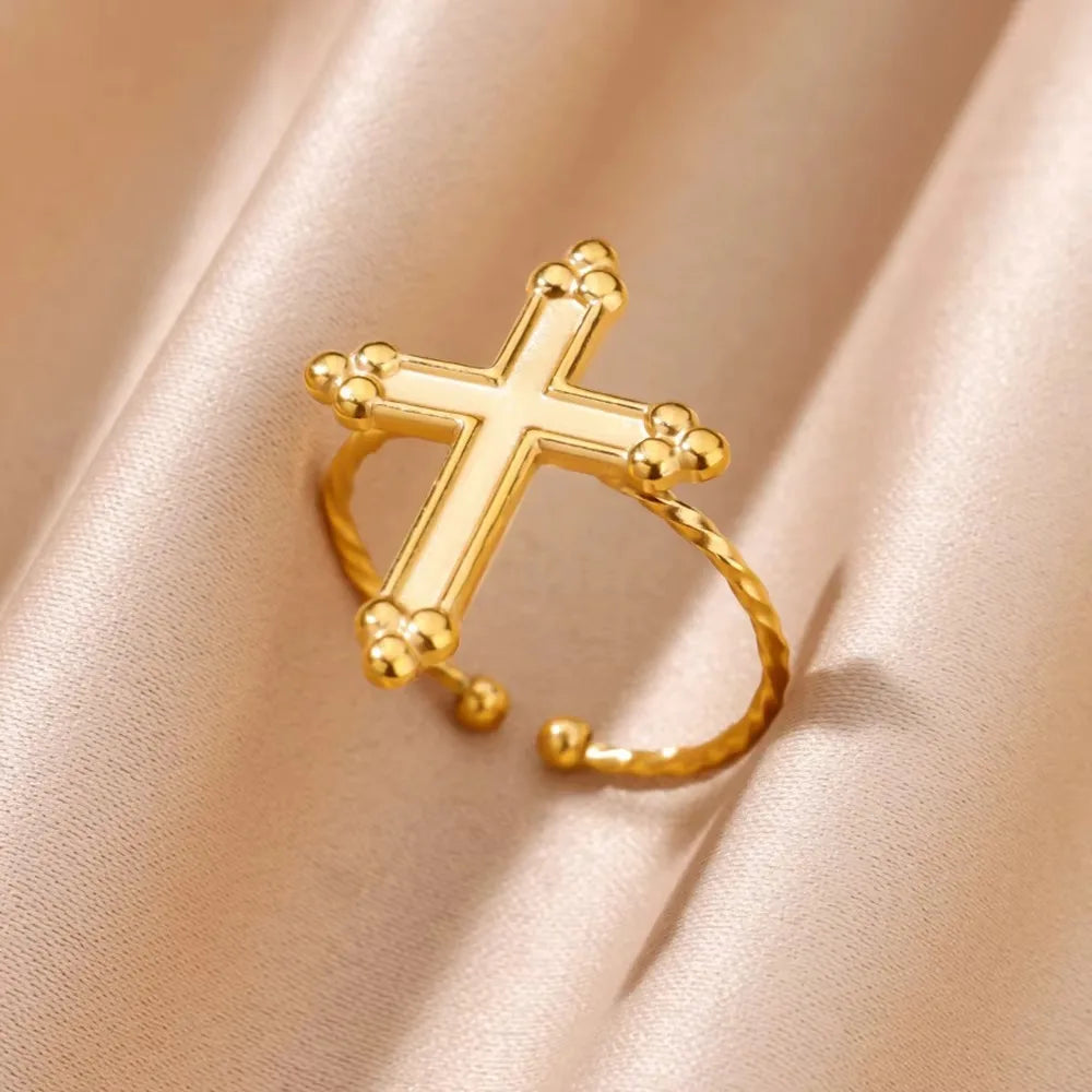 Stainless Steel Cross Rings for Women Vintage Gold Color Opening Cross Finger Ring Party Wedding Jewelry Gift anillos mujer