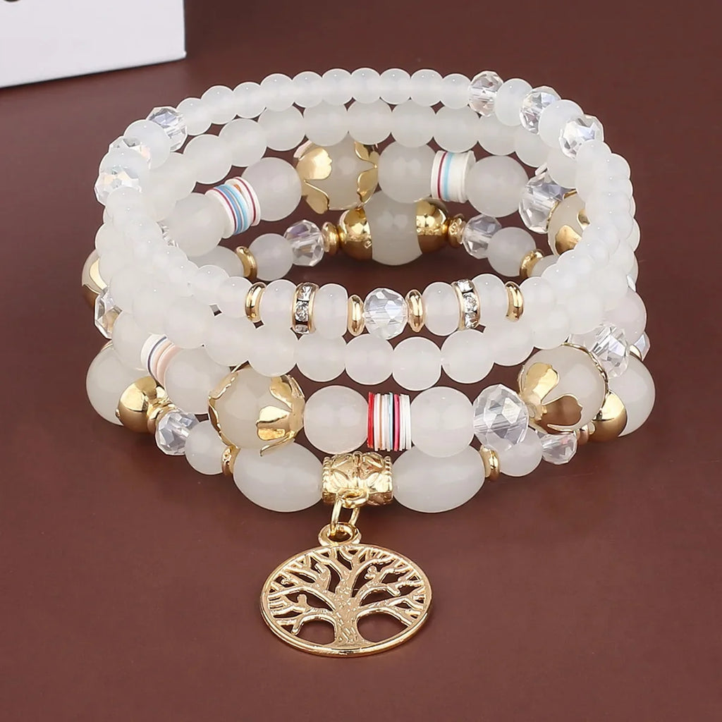 4Pcs Tree Of Life Charm Bracelet Set For Women Handmade Acrylic Beads Chain Bangle Female Boho Jewelry Accessories