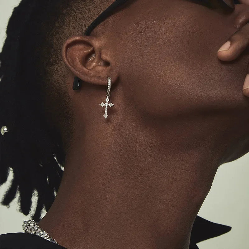 Creative Diamond Cross Earrings Stud Male Female Niche Design High-grade Trendy West Coast Hip Hop Hipster Style