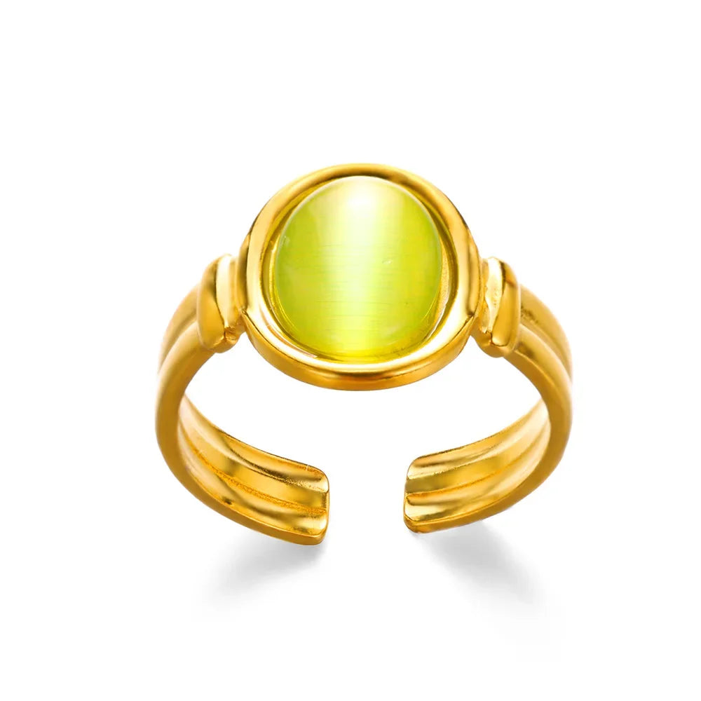 Vintage Green Stone Open Stainless Steel Rings For Women Fashion Gold Color Flower Zircon Ring Jewelry Aesthetic Anillos Gift