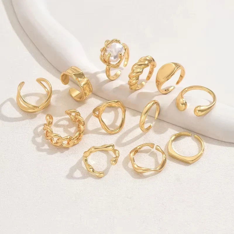 12pcs/set Vintage Bohemian Fashion Women's Ring Set, Perfect for Beach Vacations and Leisure, Suitable for All Seasons