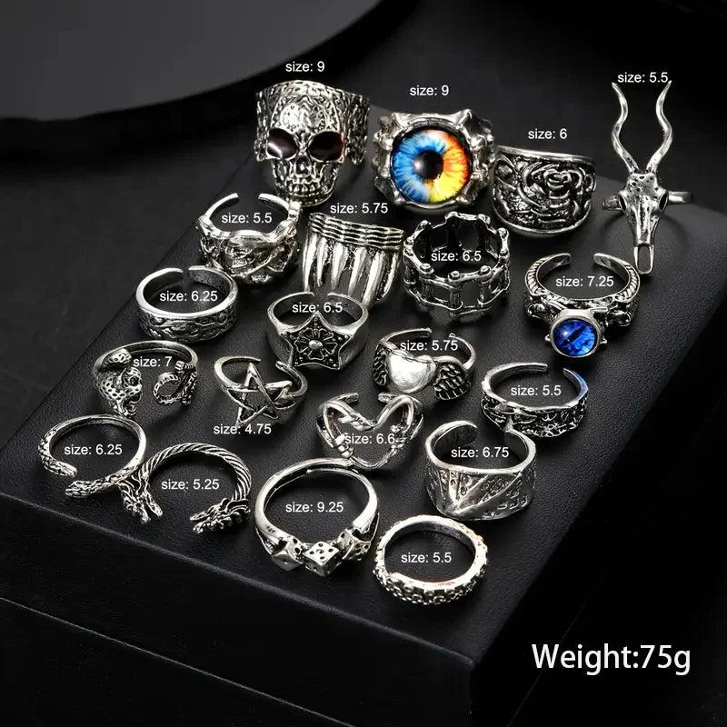 20Pcs/Set Retro Punk Gothic Rings for Women Men Silver Color Heart Evil Eyes Skull Snake Pentagram Rings Set Trendy Jewelry Gift