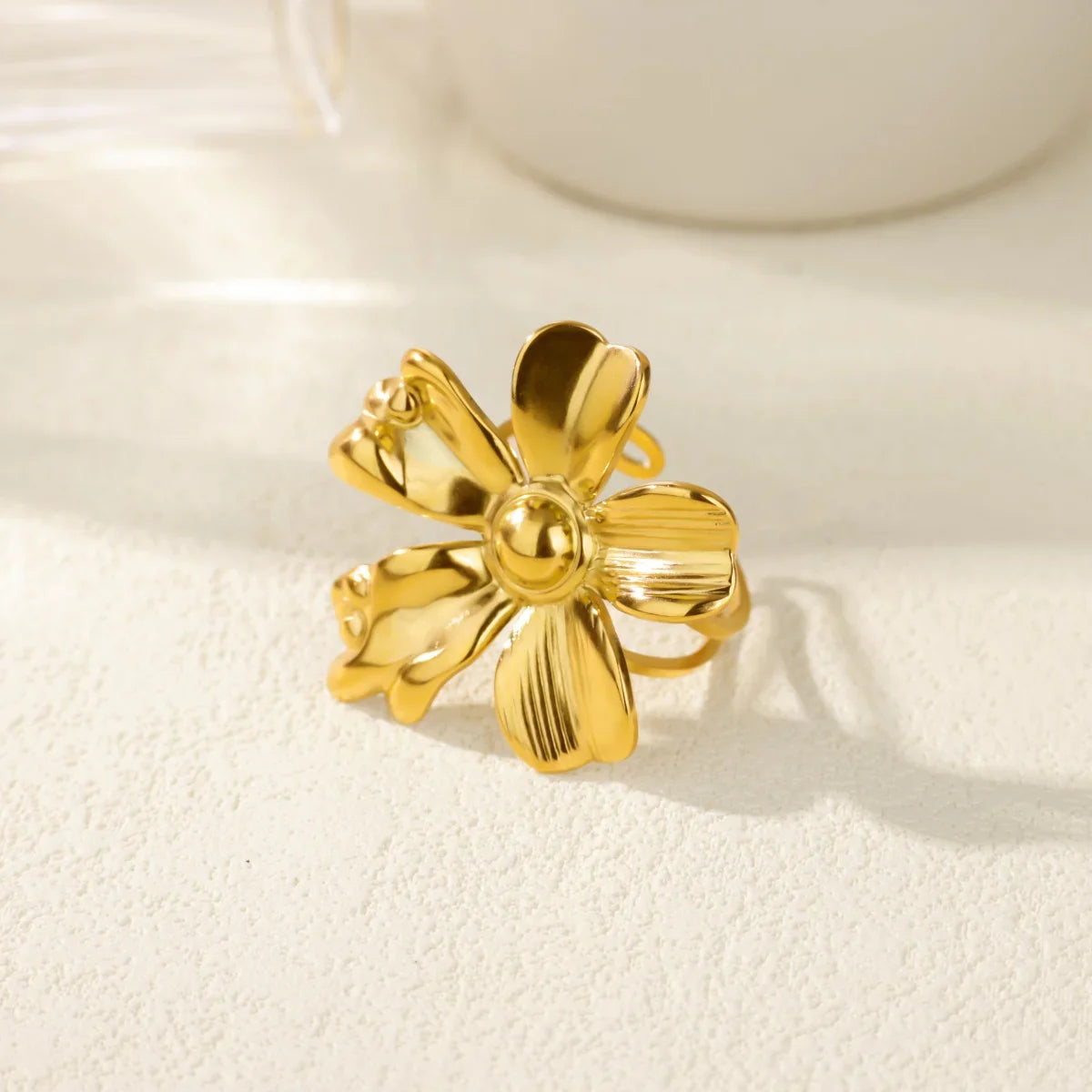 Stainless Steel Gold Color Flower Rings for Women Fashion Geometric Opening Adjustable Finger Ring Vintage Jewelry Gifts
