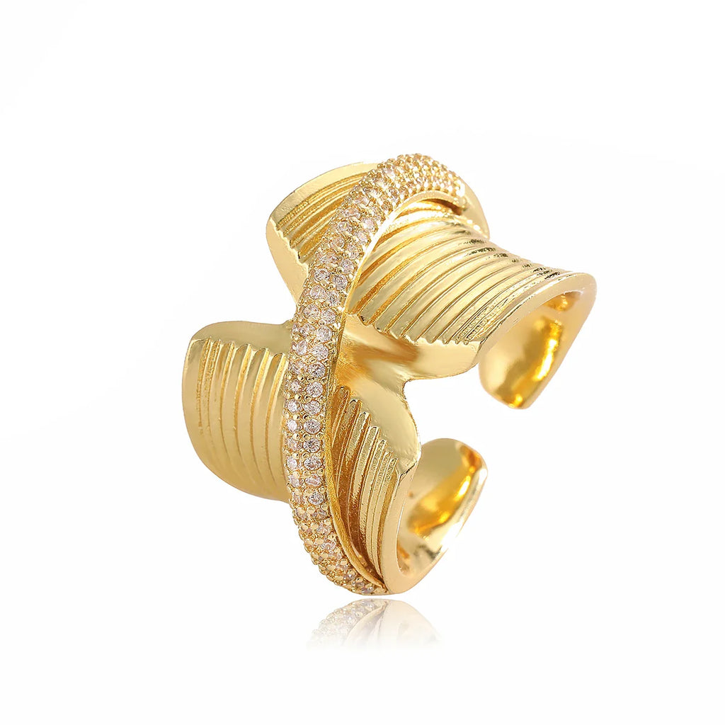 NEWBUY Luxury AAA Cubic Zirconia Inlay Copper Wedding Jewelry Gold Color Statement Geometric Shape Open Design Rings For Women