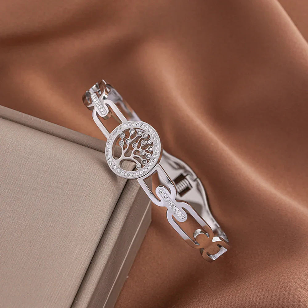 Luxury Stainless Steel Tree of Life Bangle for Women Men Crystal Zircon Bracelet Silver Gold Color Wrist Jewelry Accessories