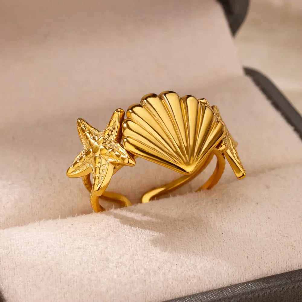 2025 Freshwater Anillos Stainless Steel Pearl Starfish Shell Rings For Women Punk Gold Color Vintage Waterproof Beach Jewelry