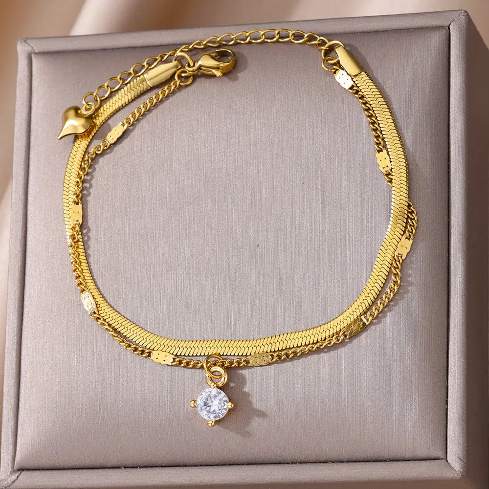 Zircon Cross Anklets For Women Gold Color Stainless Steel Cross Anklet Double Chain Summer Beach Party Jewelry Gift Accessories