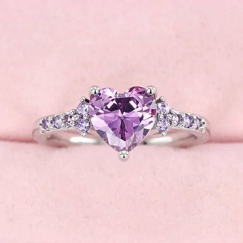 925 Sterling Silve Sparkling Zircon White Purple Elegant Love Heart Rings for Women Party Engagement High Quality Fine Jewelry