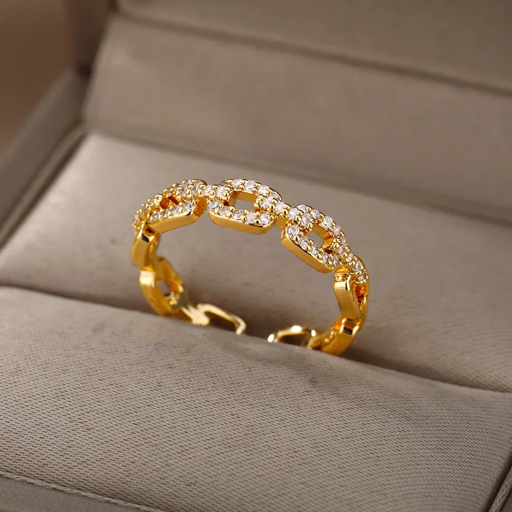 Zircon Twist Chain Open Rings For Women Stainless Steel Geometric Twist Wrapped Adjustable Ring Wedding Aesthetic Jewelry Gift
