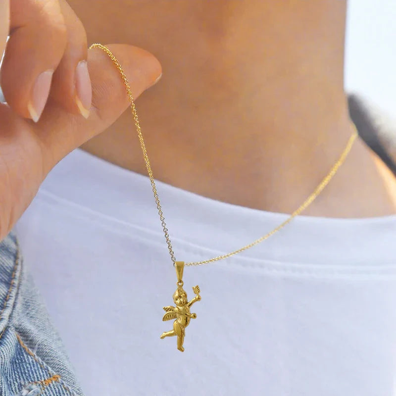 Vintage Stainless Steel Cupid Charm Pendant Necklace Waterproof 18K Gold Plated Necklace Unisex Jewelry Gift