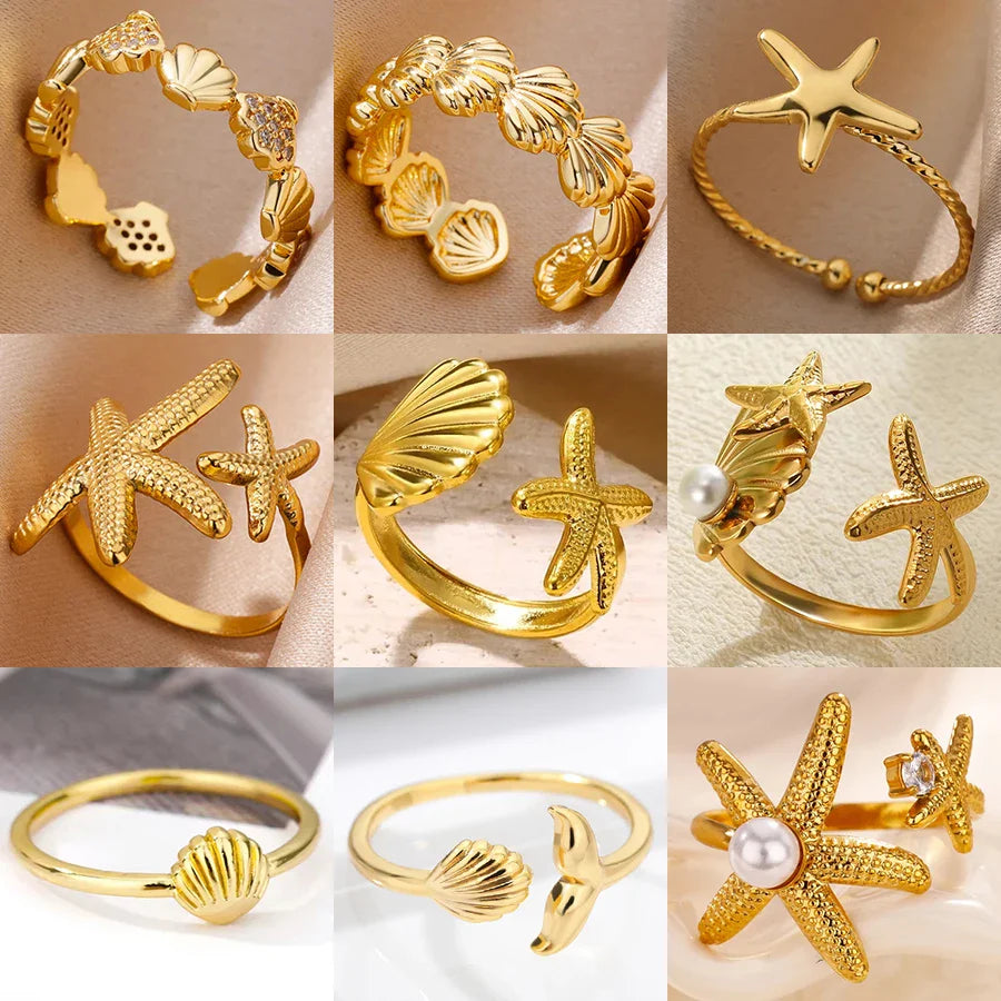 Starfish Shell Stainless Steel Open Rings For Women Fashion Gold Color Finger Ring Trendy Summer Beach Vacation Ocean Jewelry