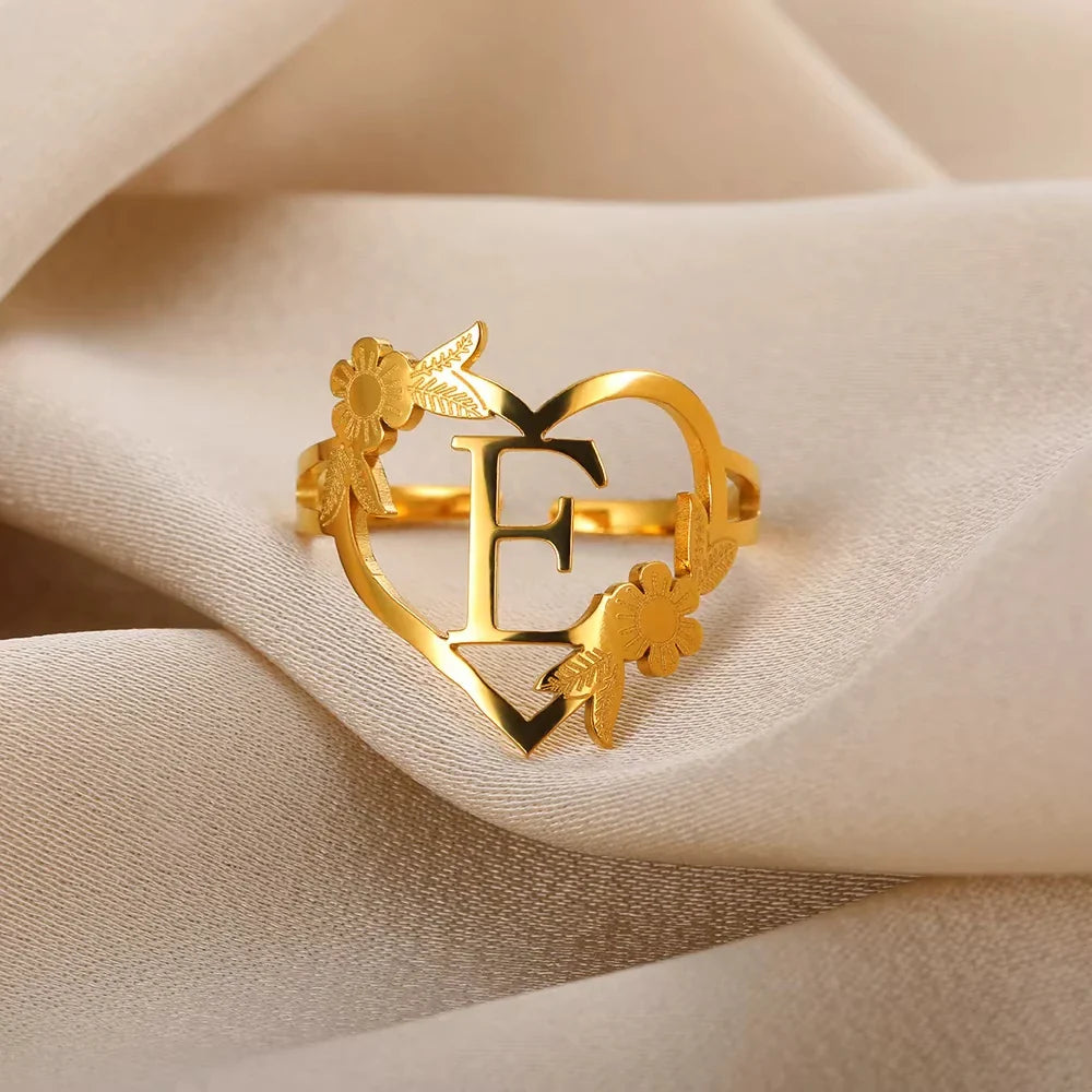 Stainless Steel Initials Letter Heart Rings for Women Girls Gold Color Flower Alphabet Ring Fashion Valentine's Day Jewelry Gift