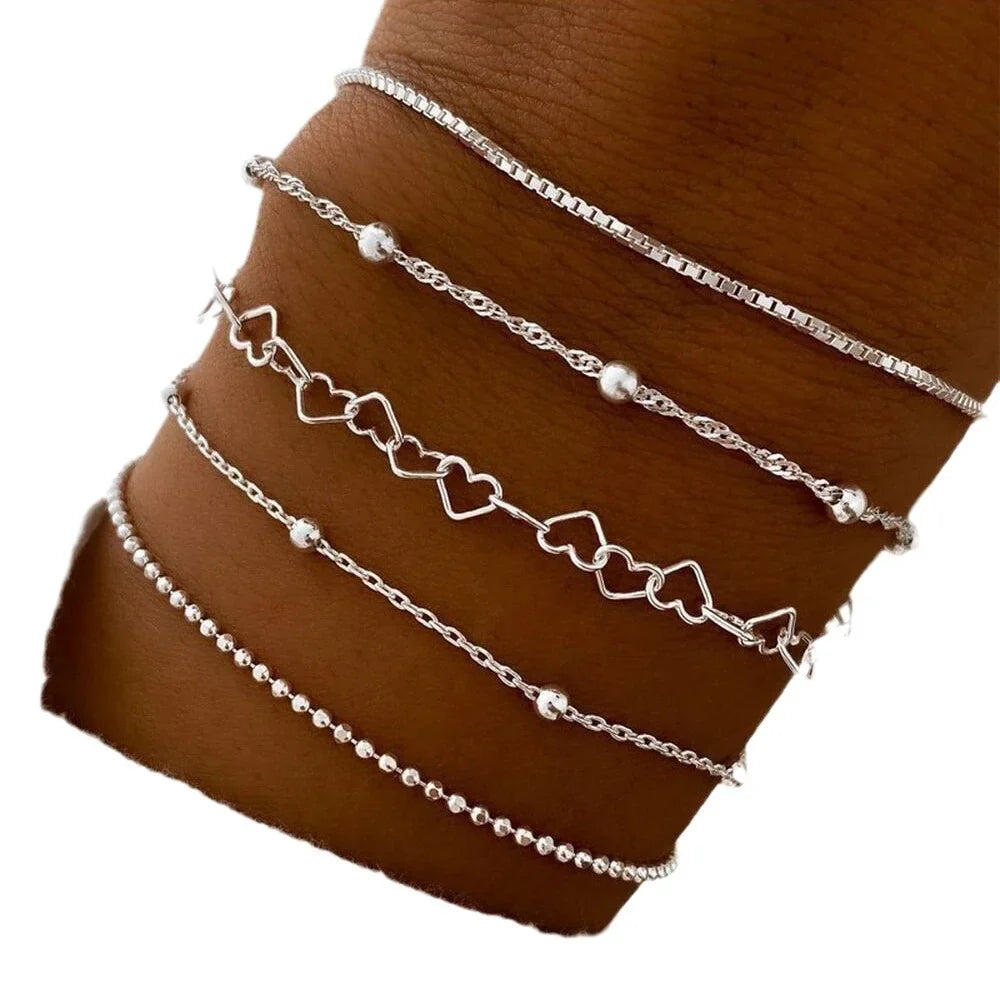 New 5Pcs/Set Gold Color Elegant Love Bangle Retro Multilayer Bracelets Set For Women Female Fashion 2024 Trendy Jewelry Gift