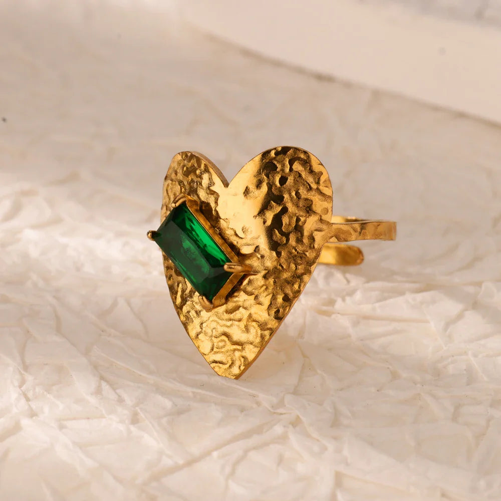 Green Cubic Zircon Heart Rings For Women Vintage Gold Color Stainless Steel Open Ring Fashion Aesthetic Jewelry Wedding Gift