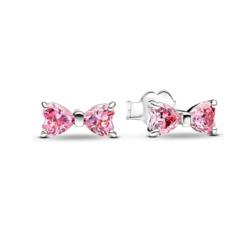 European New 925 Silver White Pink Stone Red Bow Stud Earrings, Fit Women's Festival Exquisite Charm Jewelry Gifts