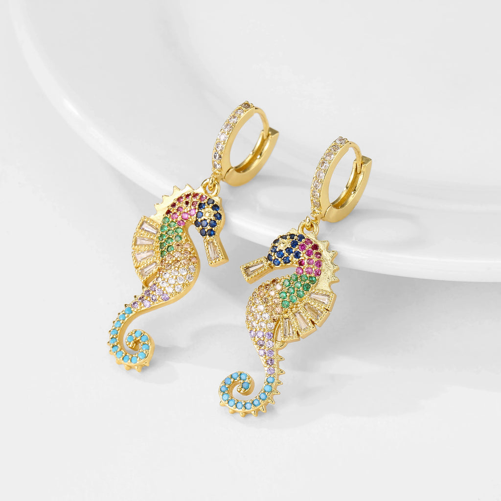 NEWBUY 2024 Trendy Colourful AAA CZ Zircon Inlay Seahorse Dangle Earrings For Women Party Jewelry
