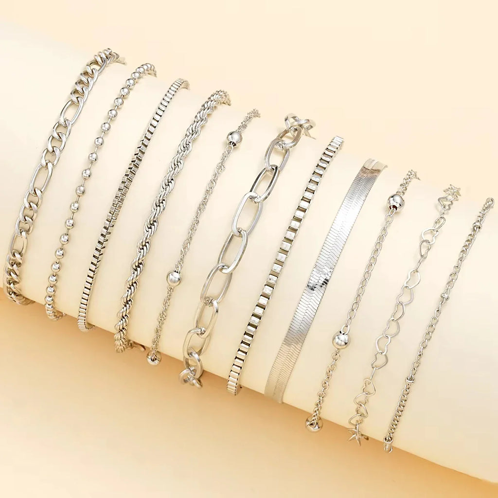 11Pcs/Set Boho Twisted Flat Snake Chain Anklet for Women Summer Beach Vintage Barefoot Ankle Bracelet On Leg Jewelry Accessories