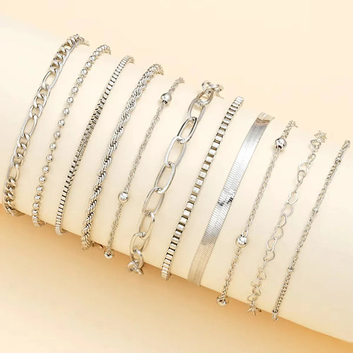 11Pcs/Set Boho Twisted Flat Snake Chain Anklet for Women Summer Beach Vintage Barefoot Ankle Bracelet On Leg Jewelry Accessories