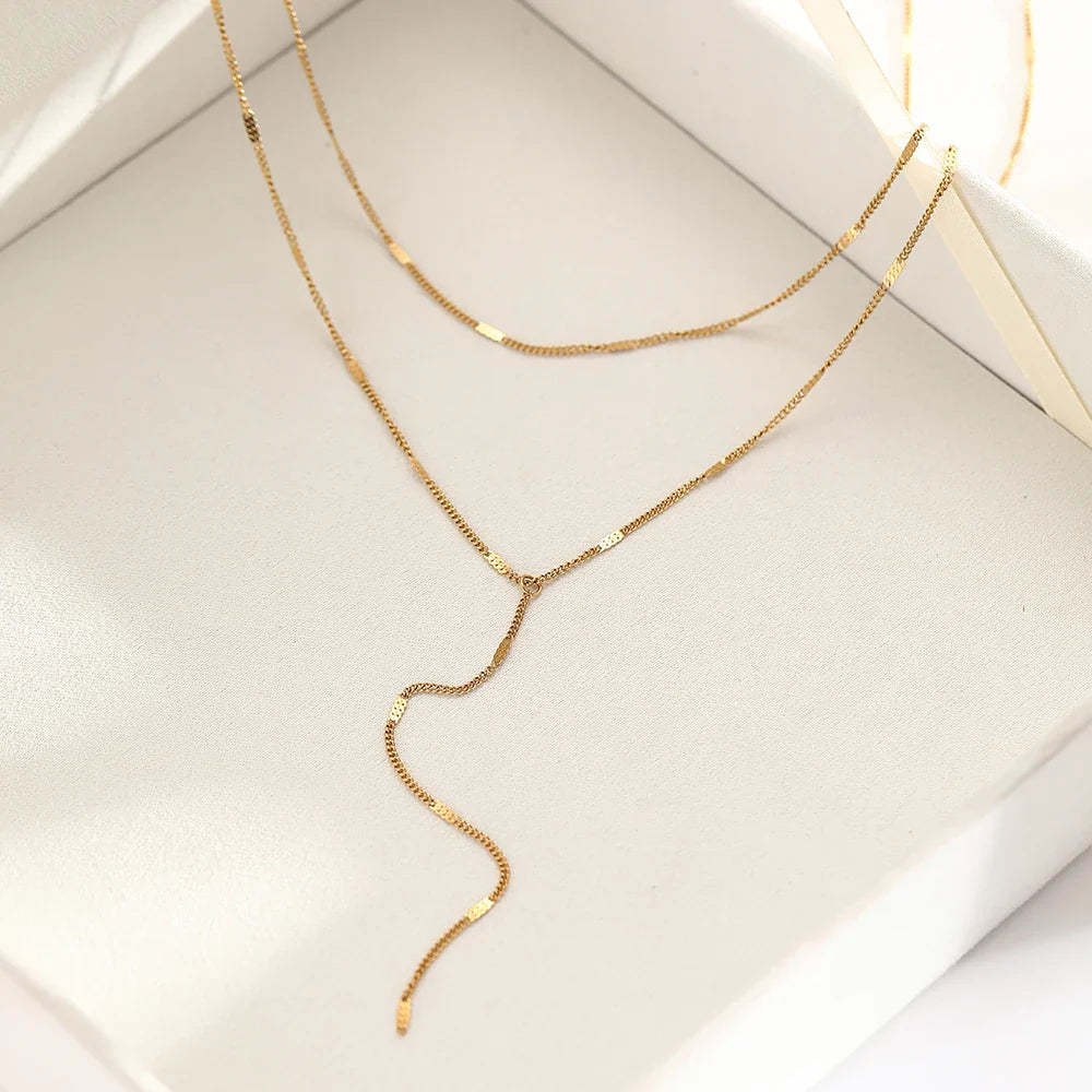 DOTIFI Stainless Steel Fashion Commuter Y-Shaped Fringe Necklace Minimalist Double-Layer Collarbone Chain Jewellery For Women